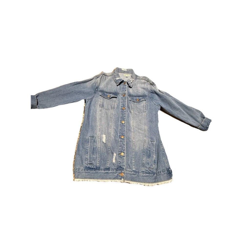 Miami women’s longline distressed denim jacket with frayed hem